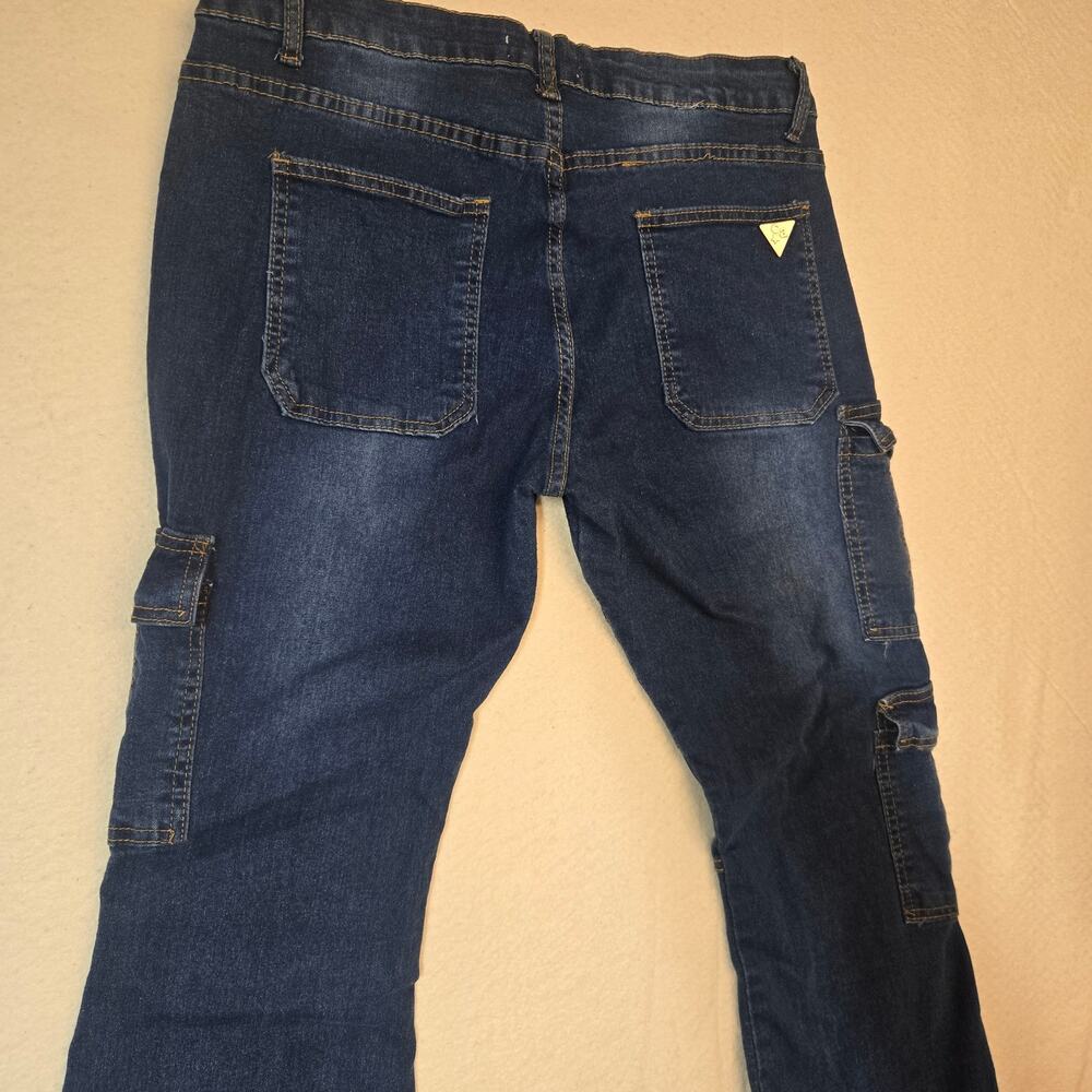 Celebrity Ace Womens Blue Flare Jeans Y2K Belted Cargo Streetwear Utility 15/32 - Picture 4 of 13